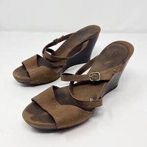 UGG Strappy Brown Leather Women's Wedge Sandals Size 9 Open Toe Ankle Strap